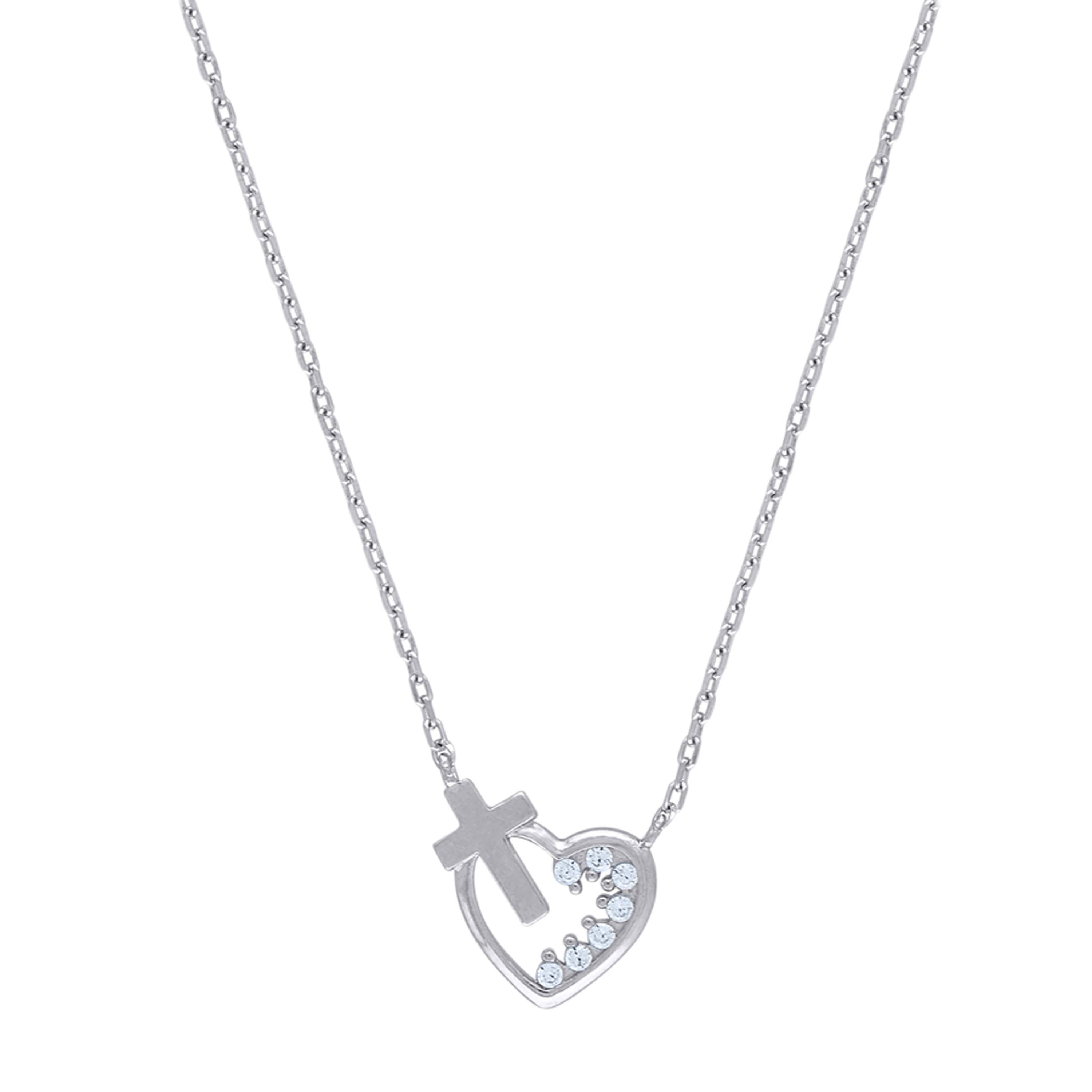 925 Sterling Silver Women Cubic Zirconia Rolo Link Heart & Cross Necklace