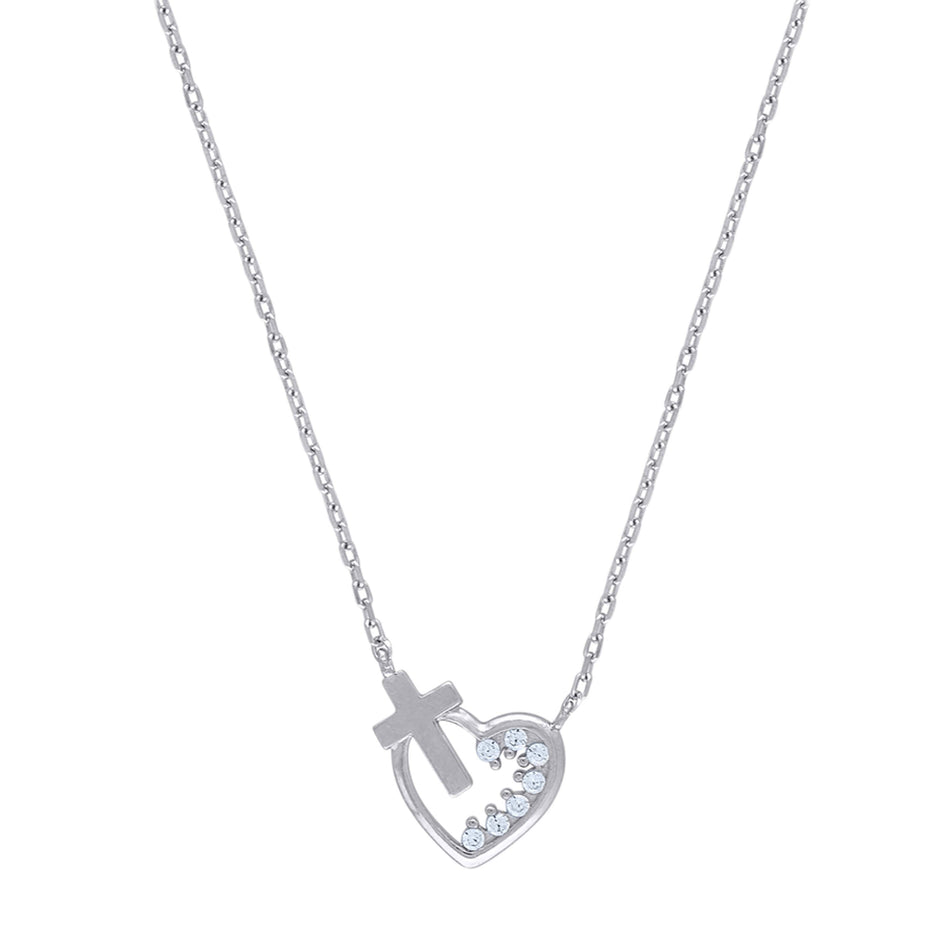 925 Sterling Silver Women Cubic Zirconia Rolo Link Heart & Cross Necklace