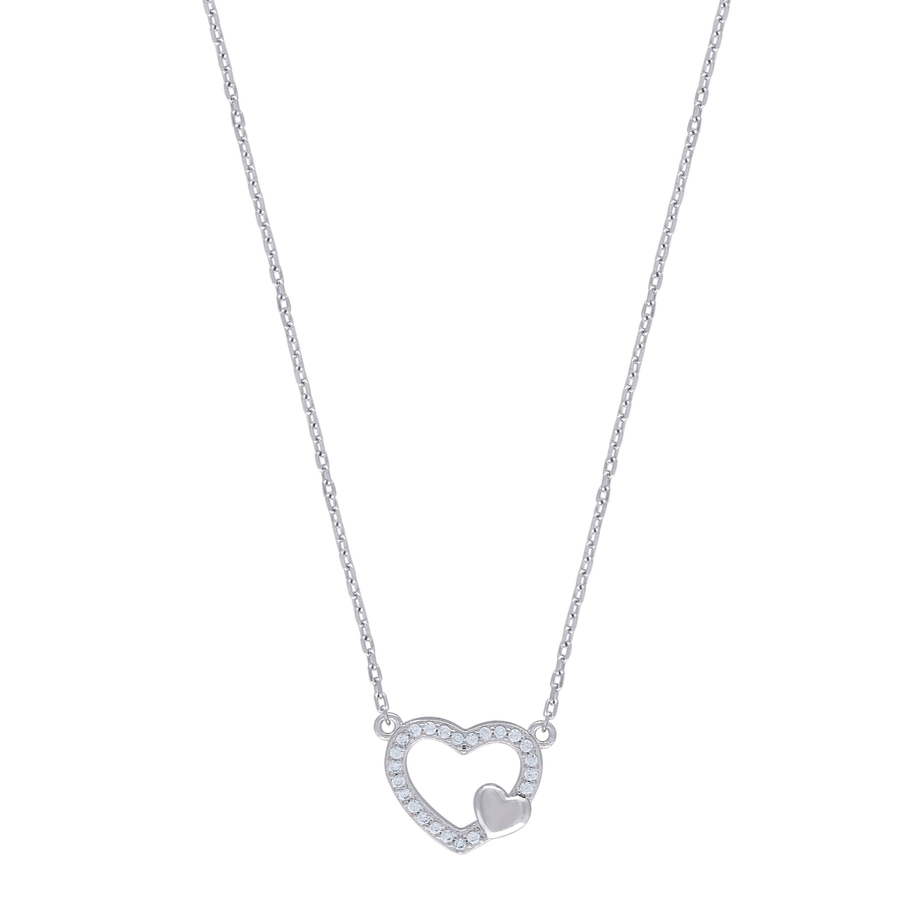 925 Sterling Silver Women Cubic Zirconia Rolo Link Hearts Necklace