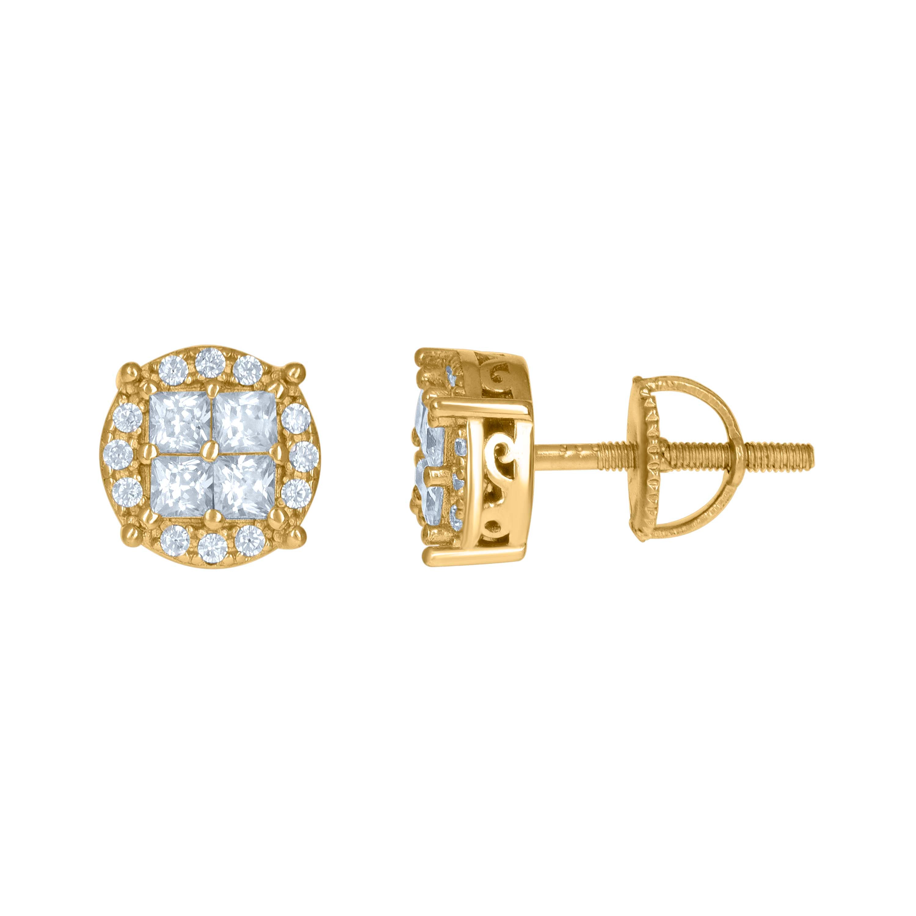 925 Sterling Silver Yellow-tone Unisex Princess-Cut Cubic-Zirconia Fashion Stud Earrings