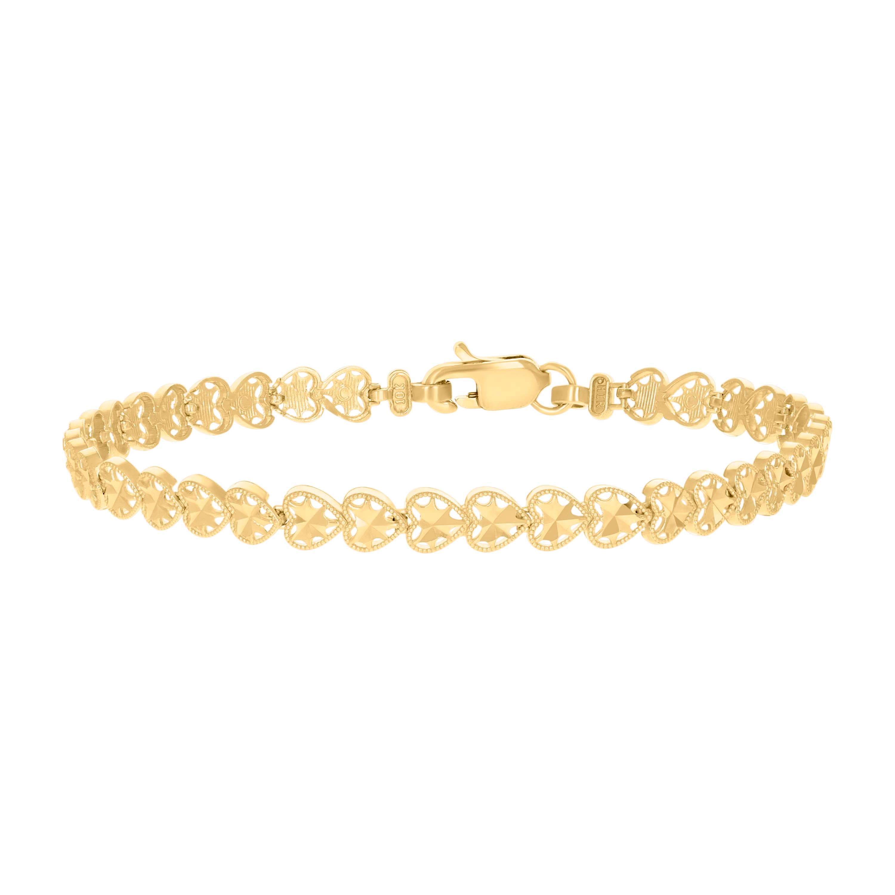 10kt Yellow Gold Womens Heart Link Bracelet 7 Inches