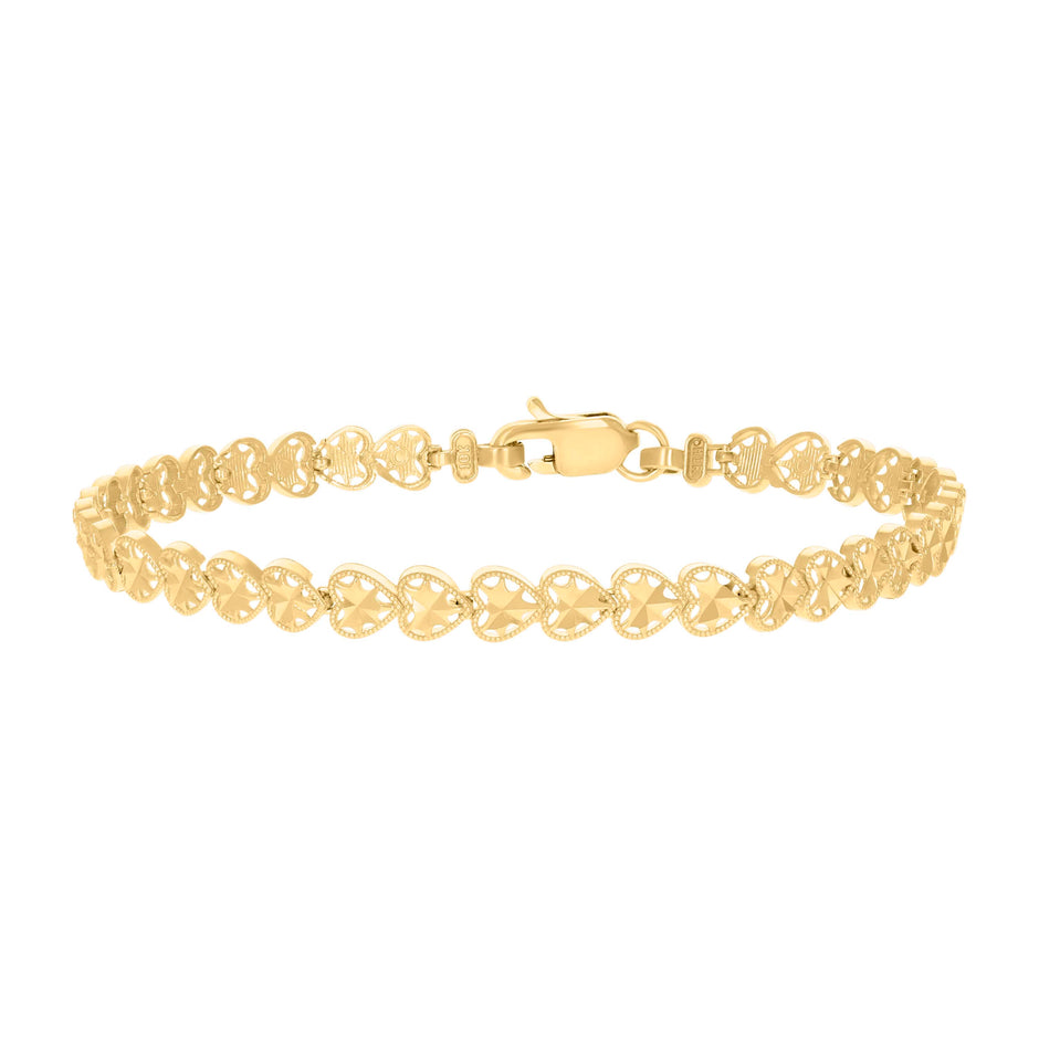 10kt Yellow Gold Womens Heart Link Bracelet 7 Inches