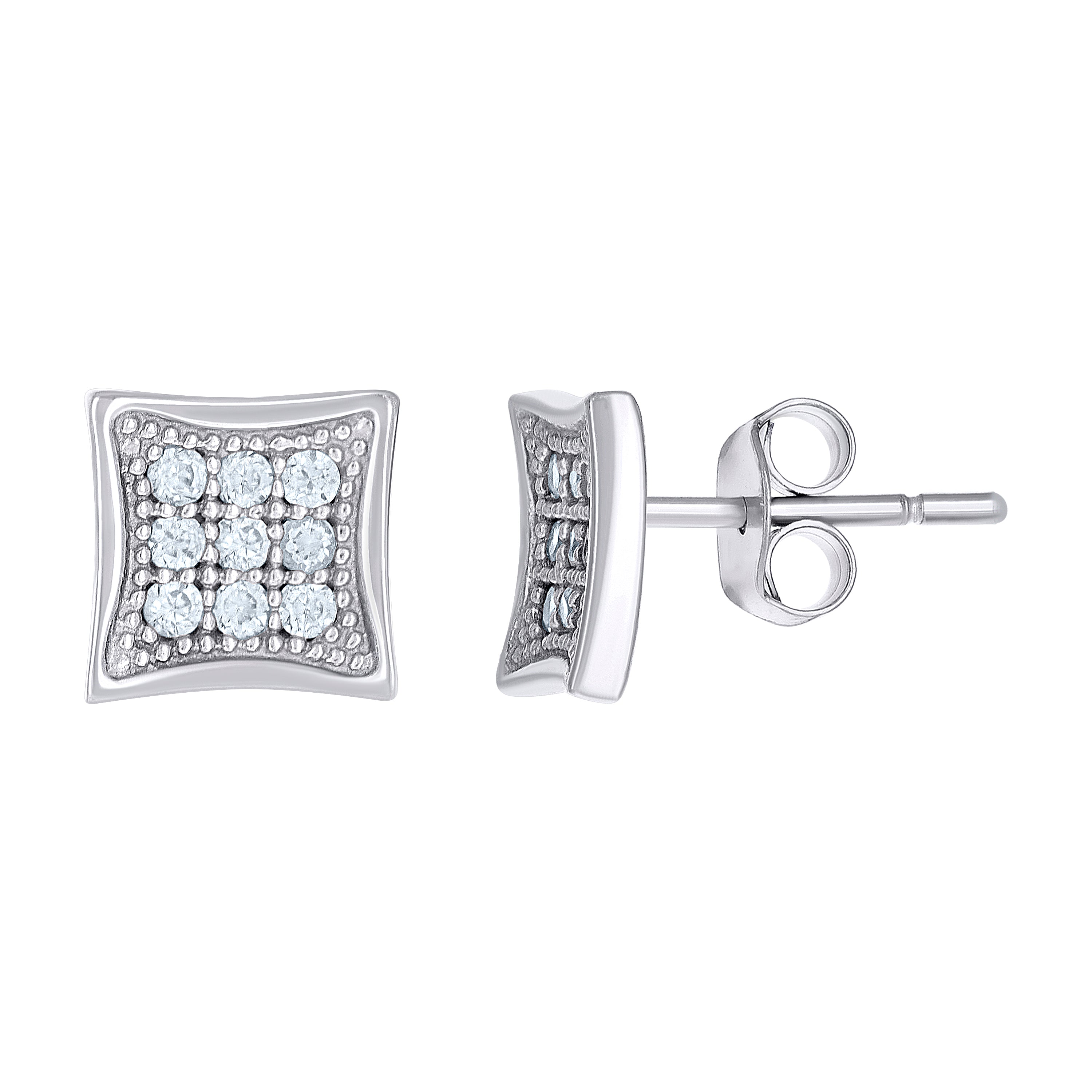 10kt White Gold Womens CZ Concave Square Push Back Stud Earrings