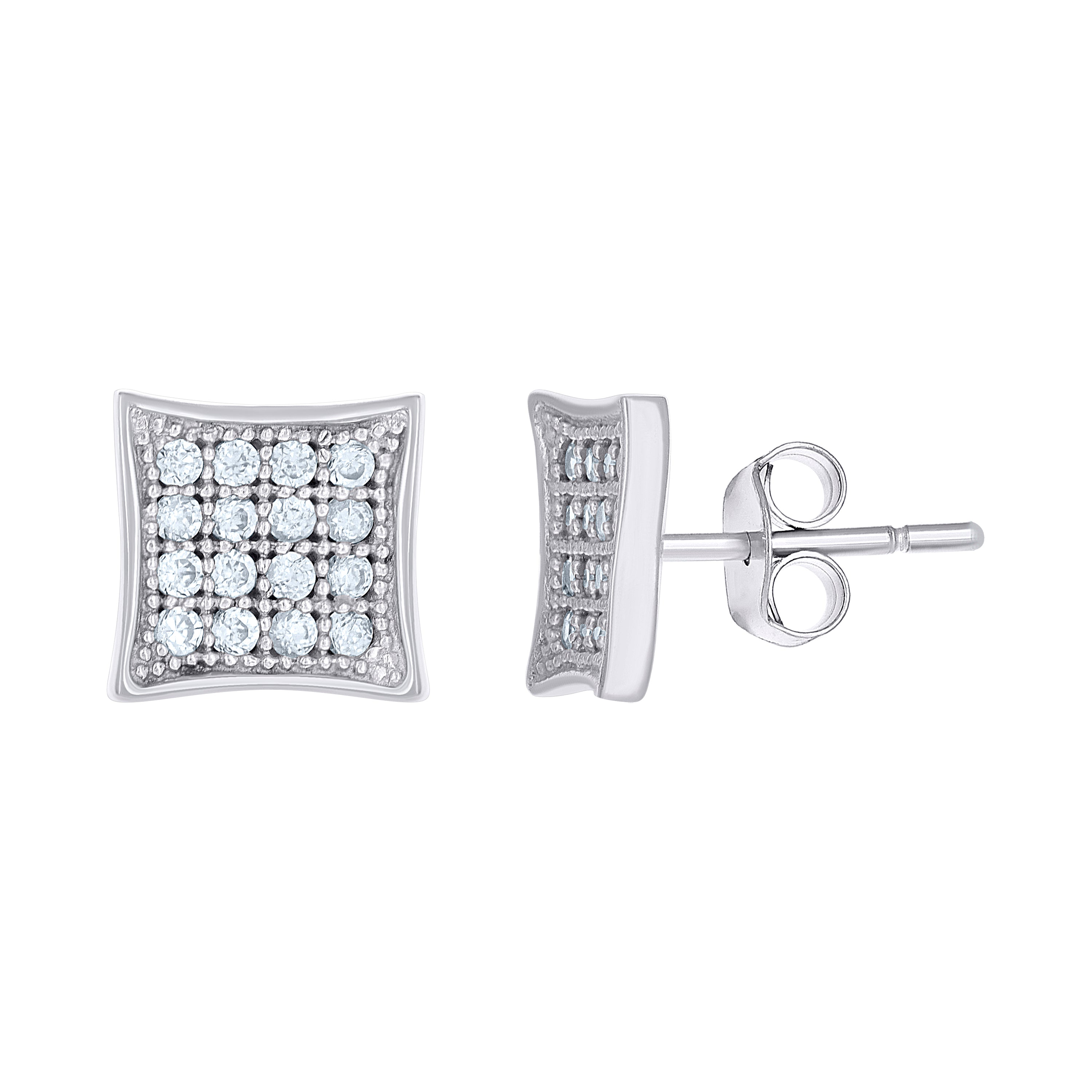 10kt White Gold Womens CZ Concave Square Push Back Stud Earrings