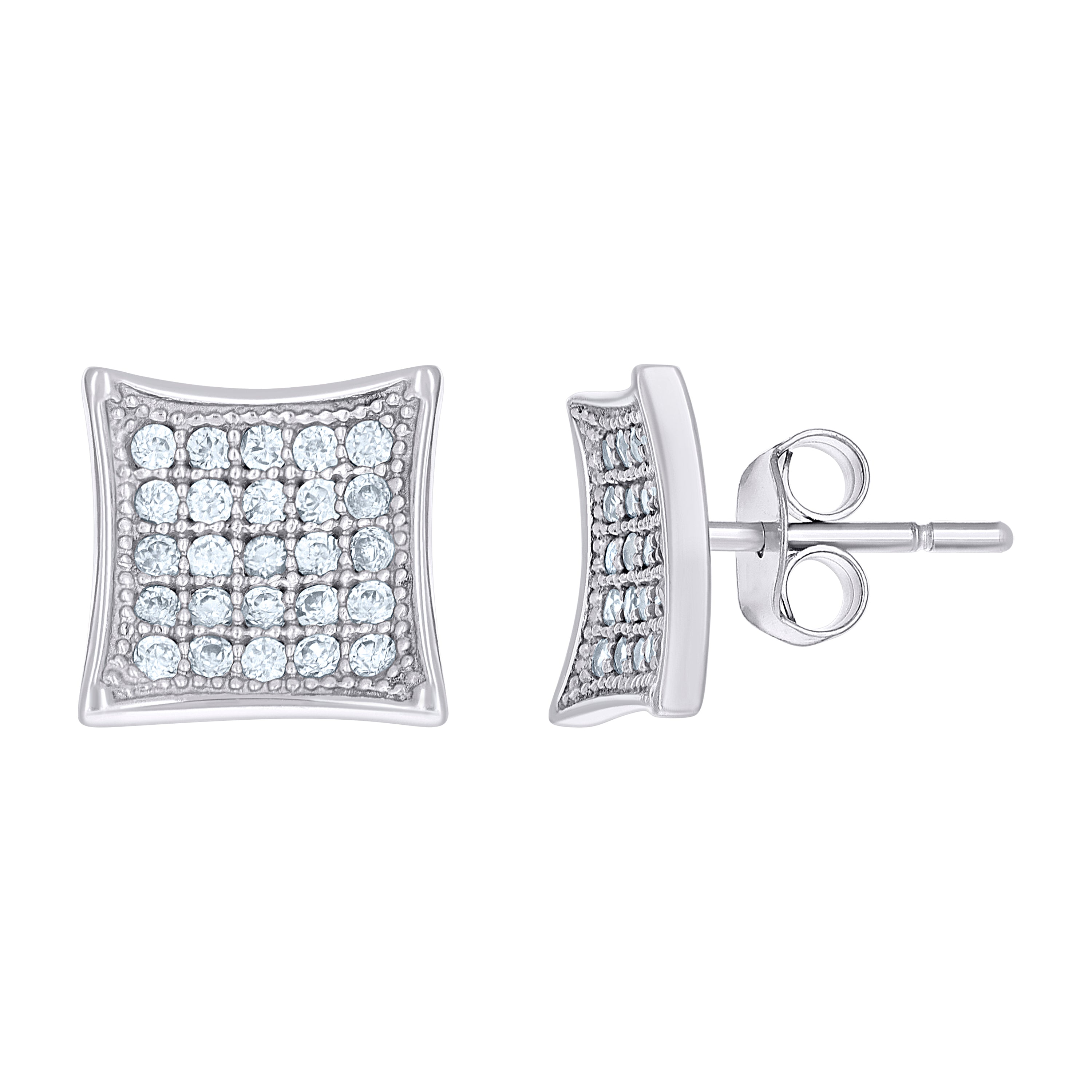 10kt White Gold Womens CZ Concave Square Push Back Stud Earrings