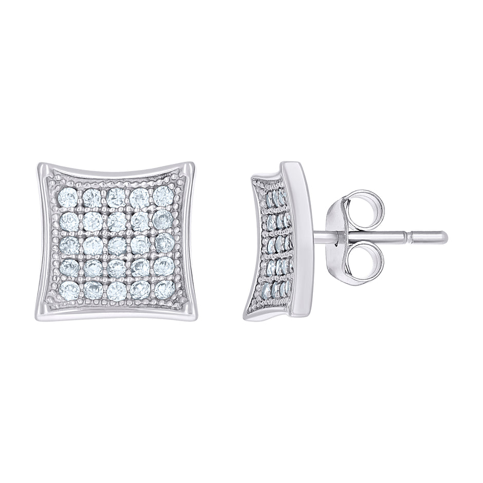 10kt White Gold Womens CZ Concave Square Push Back Stud Earrings