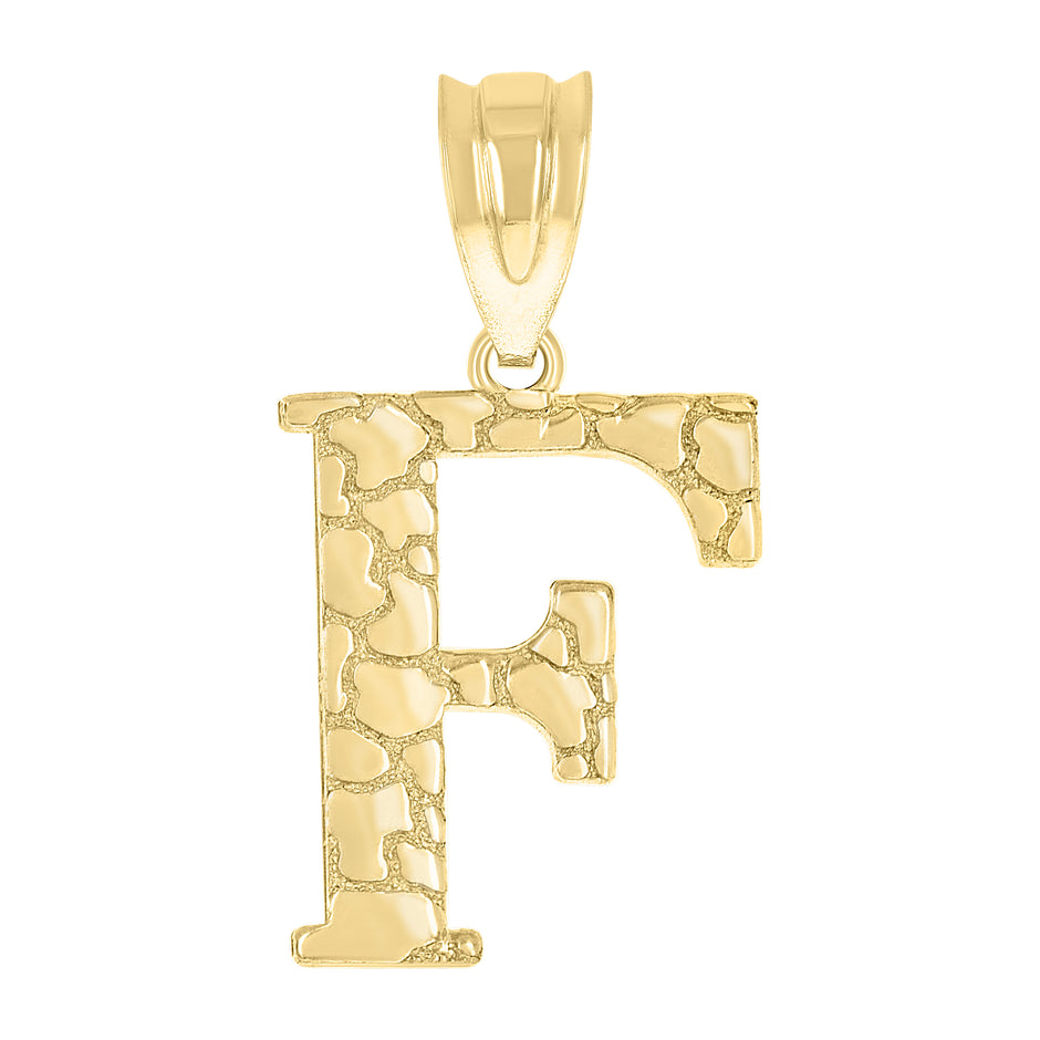 10kt Yellow Gold Unisex Nugget Initial F Charm Pendant