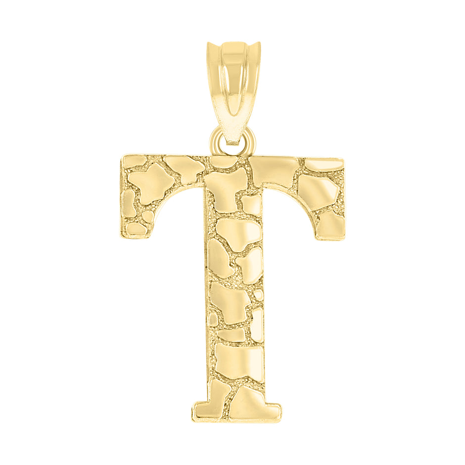 10kt Yellow Gold Unisex Nugget Initial T Charm Pendant