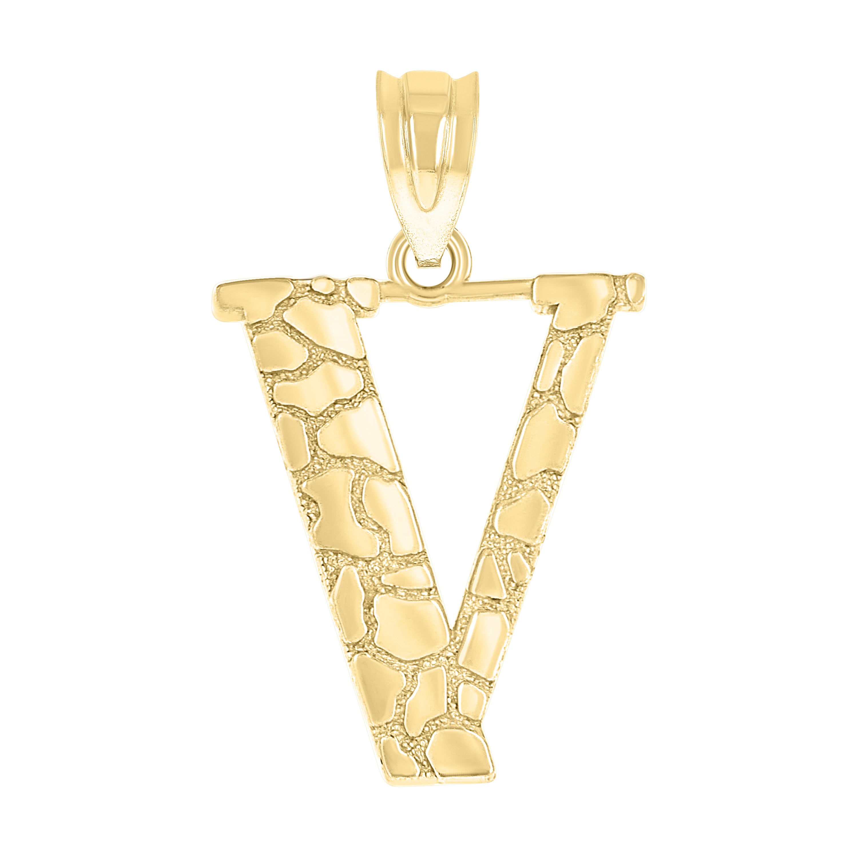 10kt Yellow Gold Unisex Nugget Initial V Charm Pendant