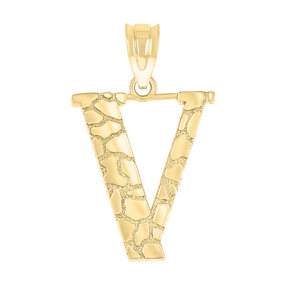 10kt Yellow Gold Unisex Nugget Initial V Charm Pendant