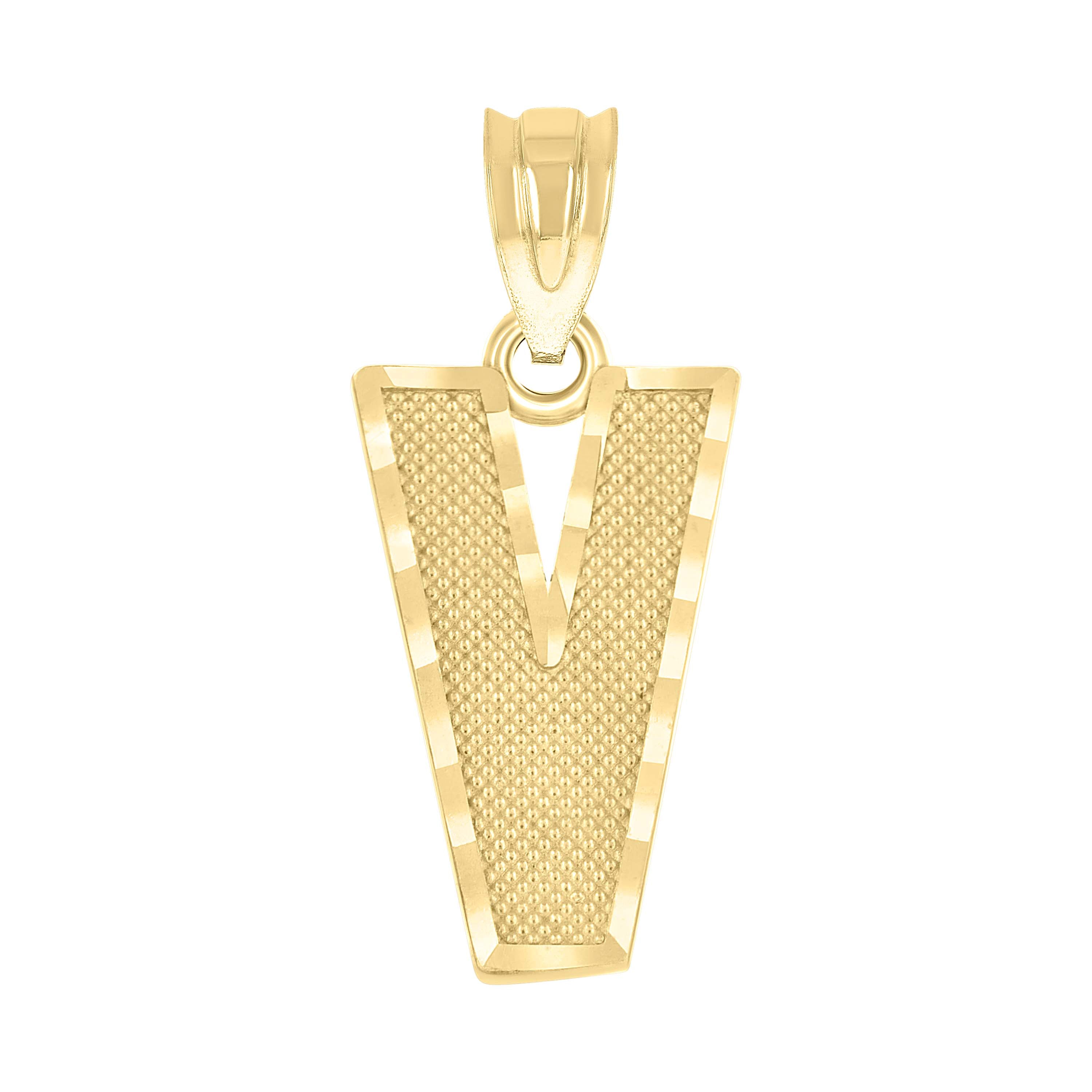 10kt Yellow Gold Unisex Textured Initial Letter V Charm Pendant