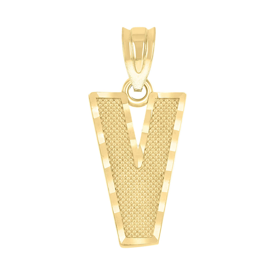 10kt Yellow Gold Unisex Textured Initial Letter V Charm Pendant