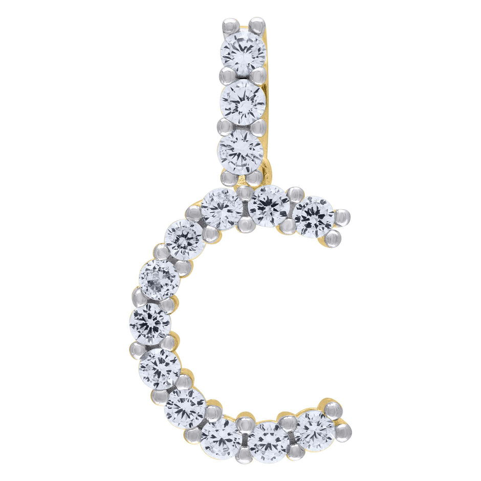925 Sterling Silver Yellow-Tone Unisex Cz Initial Alphabet C Charm Pendant