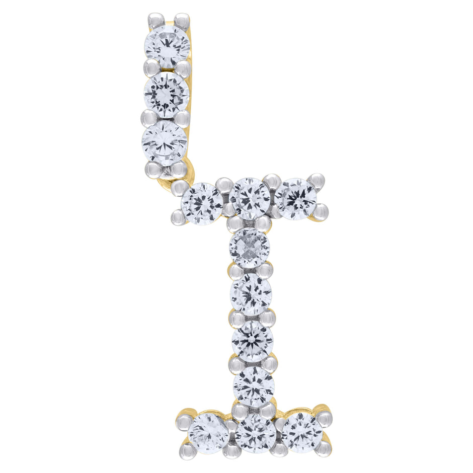 925 Sterling Silver Yellow-Tone Unisex Cz Initial Alphabet I Charm Pendant