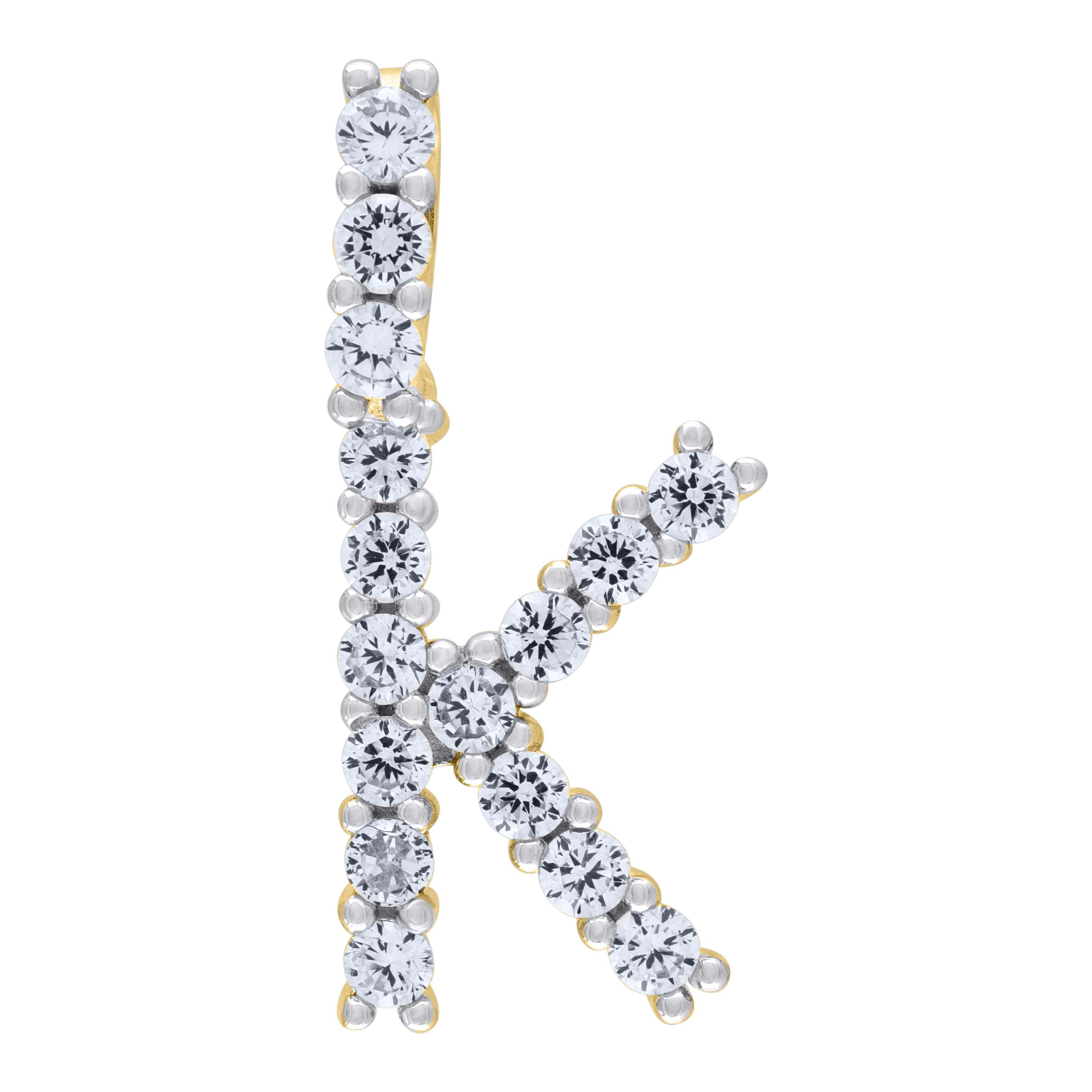 925 Sterling Silver Yellow-Tone Unisex Cz Initial Alphabet K Charm Pendant
