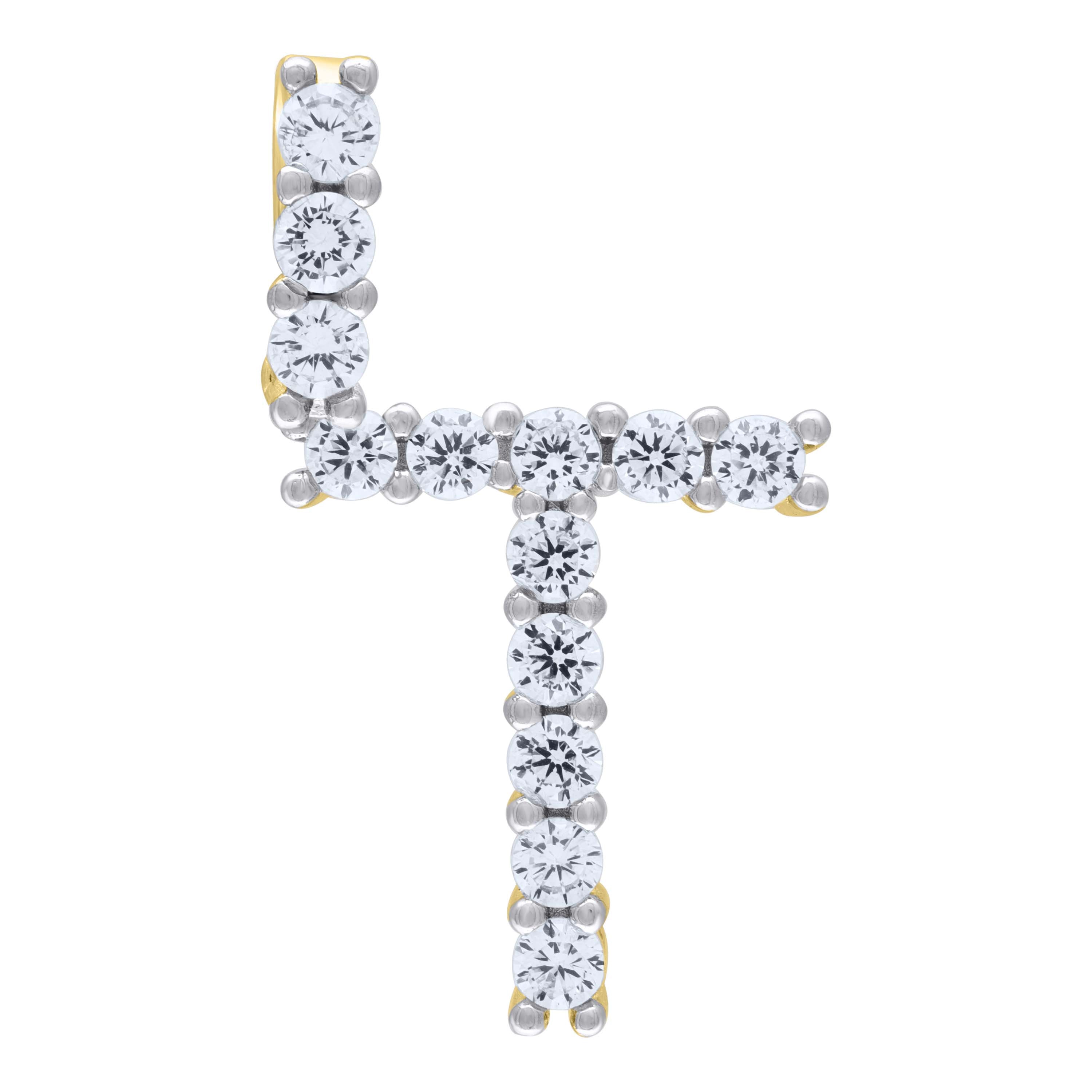 925 Sterling Silver Yellow-Tone Unisex Cz Initial Alphabet T Charm Pendant