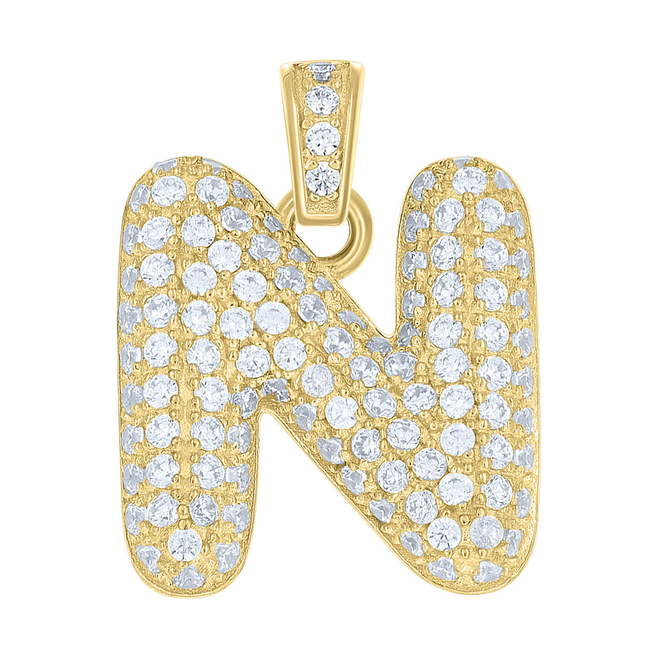 10kt Yellow Gold Unisex Cubic Zirconia Bubble Initial Letter N Charm Pendant