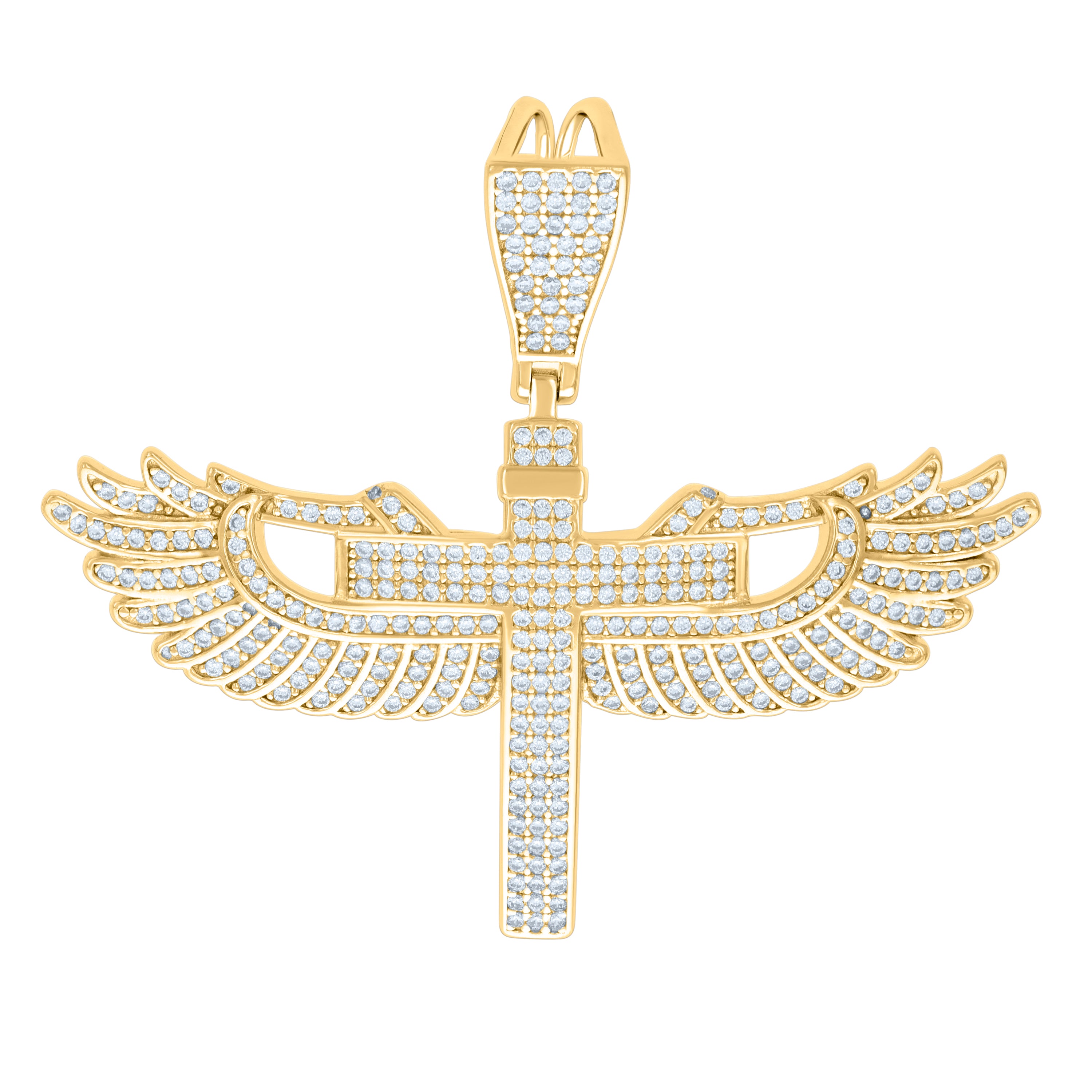 925 Sterling Silver Yellow-Tone Mens Cubic-Zirconia Angel Wings Cross Religious Pendant