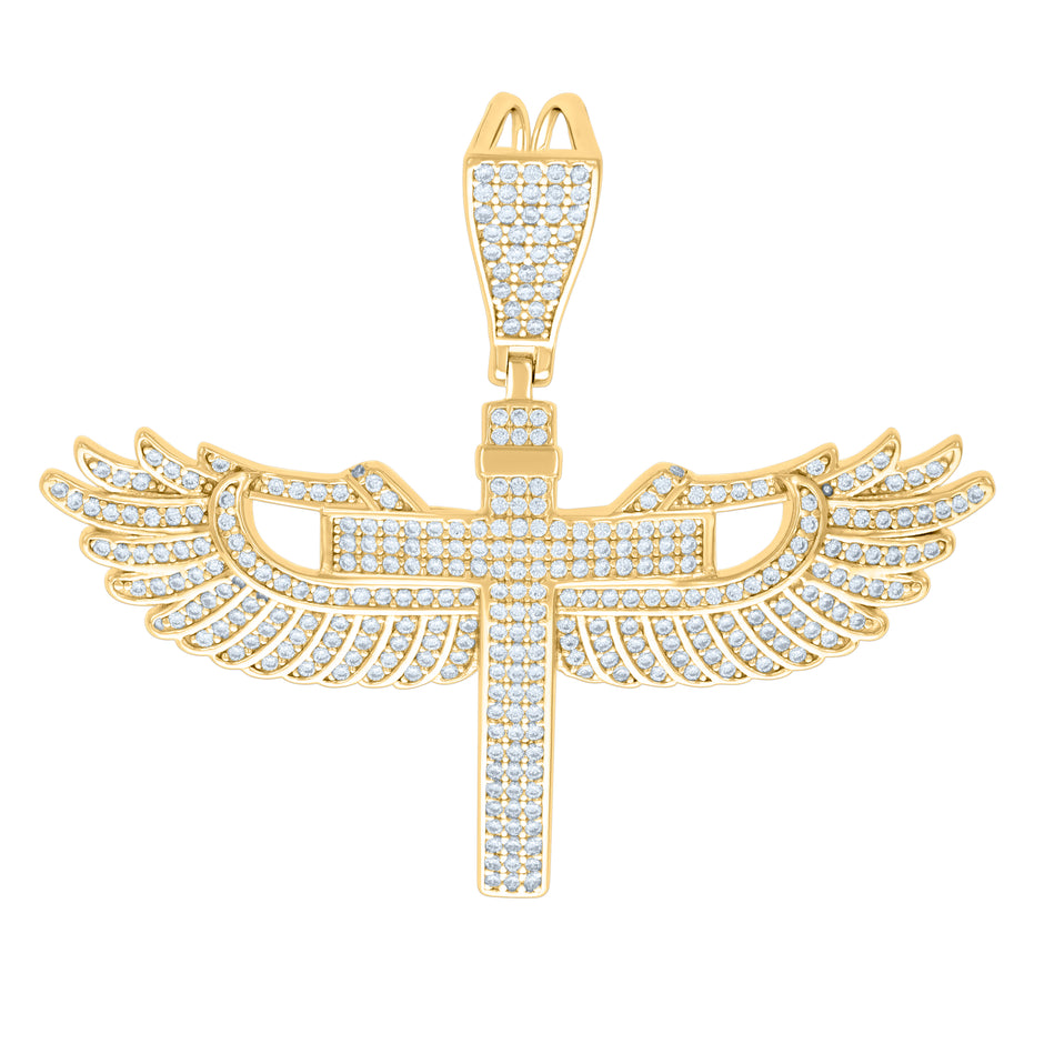 925 Sterling Silver Yellow-Tone Mens Cubic-Zirconia Angel Wings Cross Religious Pendant