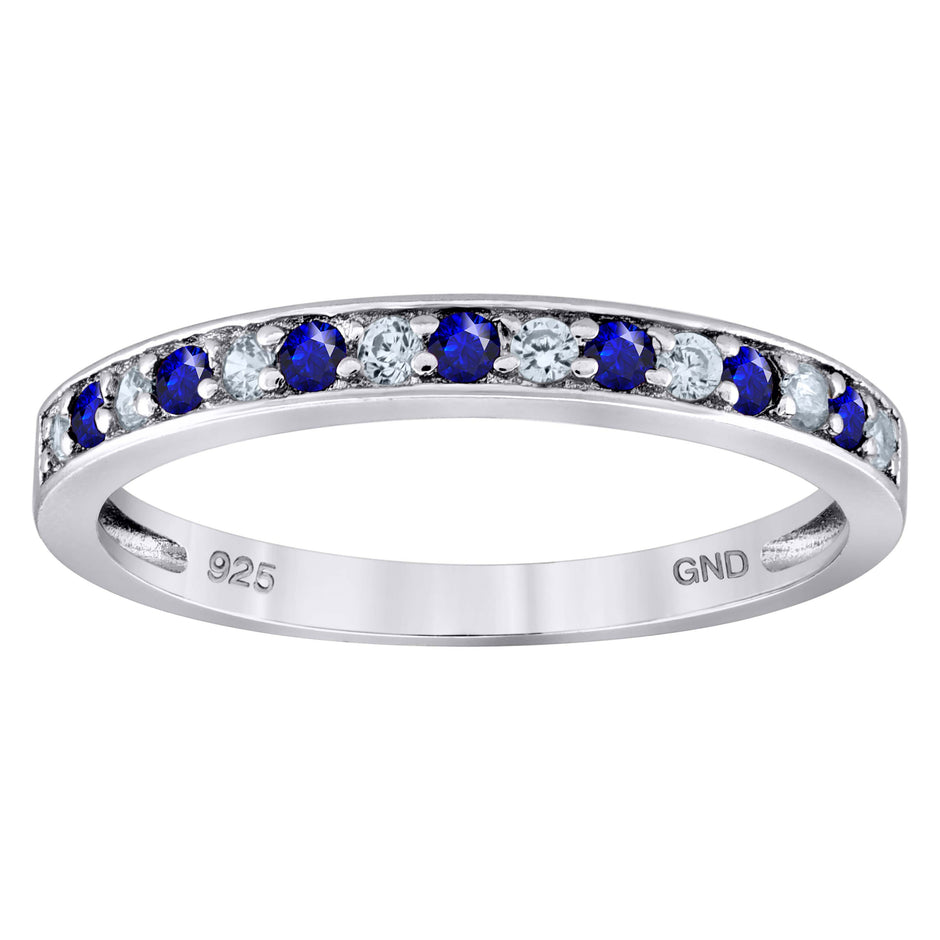 925 Sterling Silver Womens White Royal Blue Cubic Zirconia Semi Eternity Stackable Wedding Band Ring Size 7 - SLV-93740