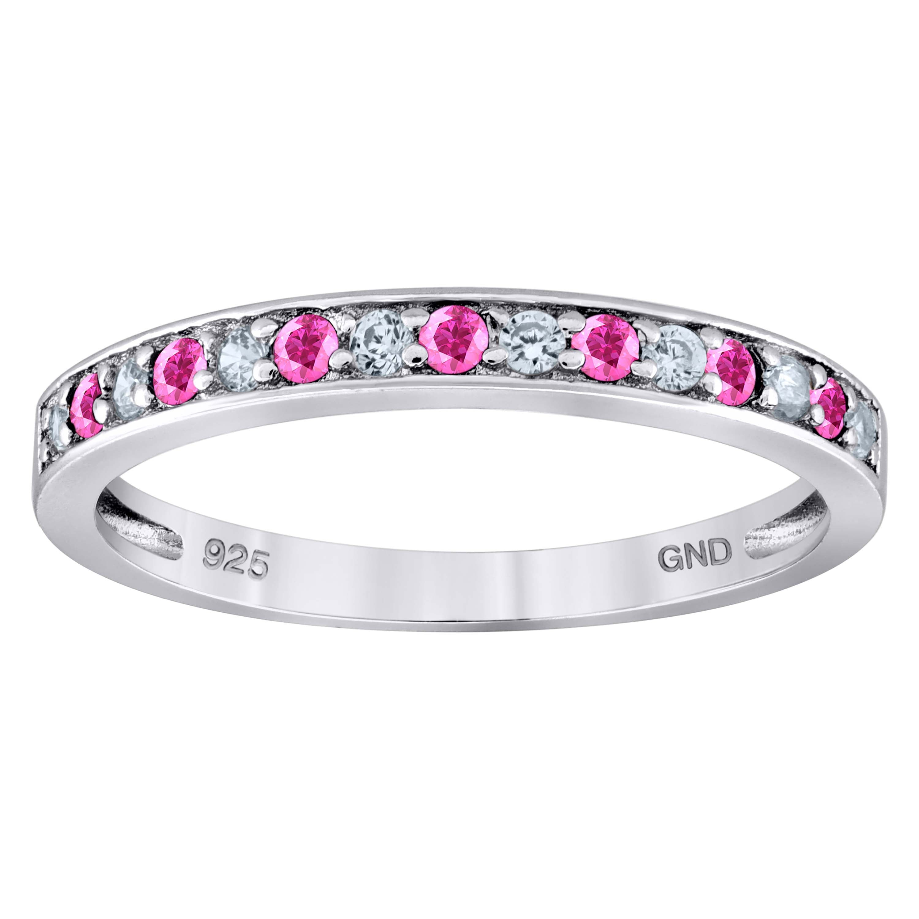 925 Sterling Silver Womens White Pink Cubic Zirconia Semi Eternity Stackable Wedding Band Ring Size 7