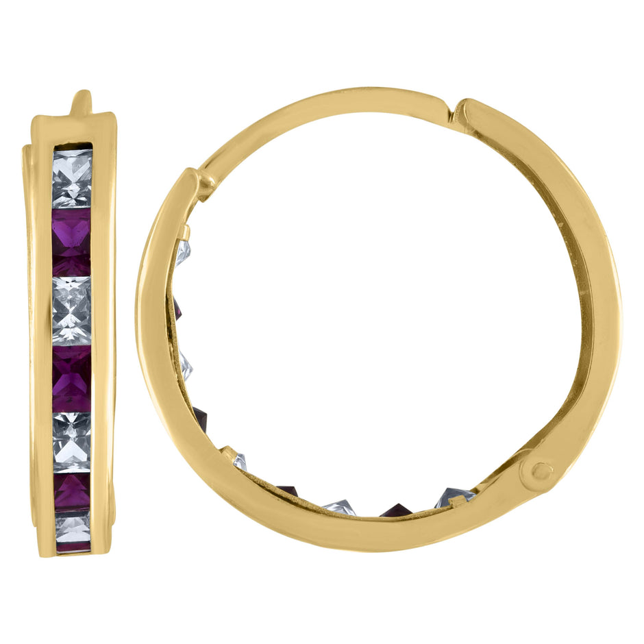 10kt Yellow Gold Womens Princess-Cut Purple Cubic Zirconia Huggie Hoop Earrings