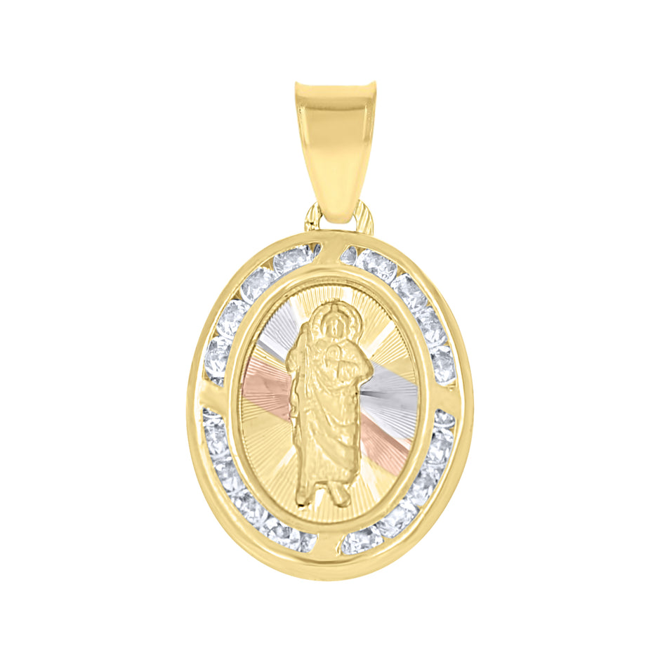 10kt Tri-Color Gold Unisex Cubic Zirconia Cubic-Zirconia Saint Jude Religious Oval Charm Pendant
