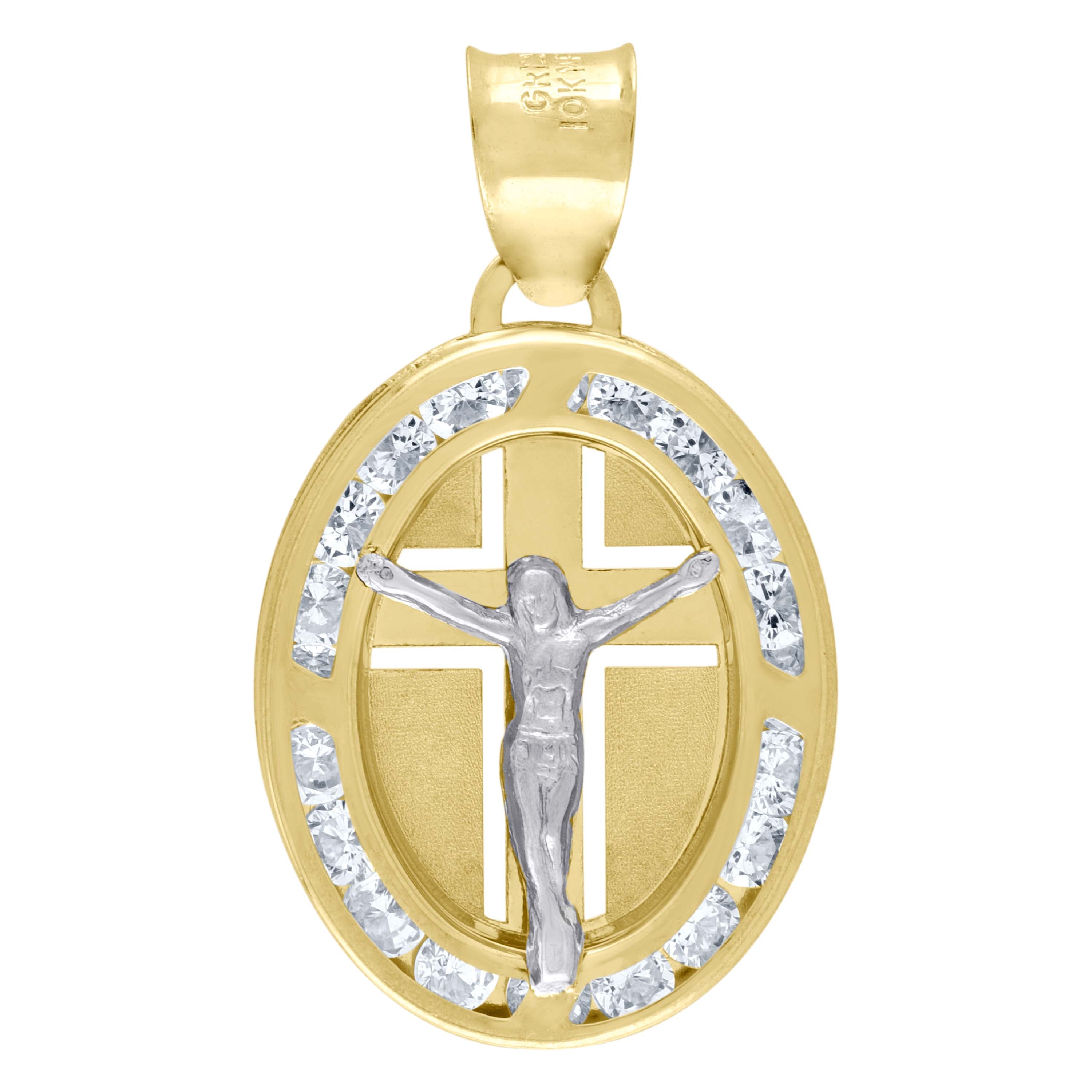 10kt Two-Tone Gold Unisex Cubic Zirconia Cubic-Zirconia Crucifix Cross Religious Oval Charm Pendant