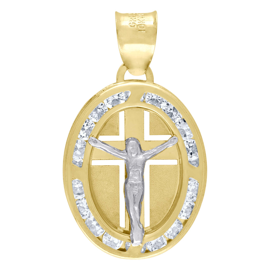 10kt Two-Tone Gold Unisex Cubic Zirconia Cubic-Zirconia Crucifix Cross Religious Oval Charm Pendant