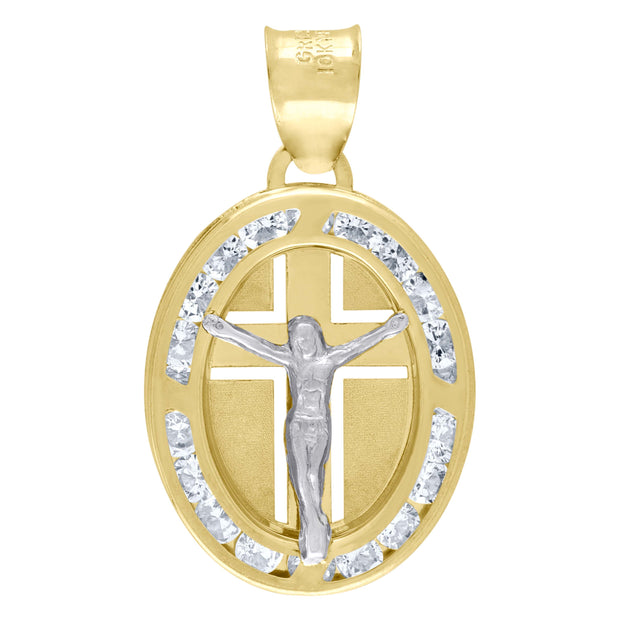 10kt Two-Tone Gold Unisex Cubic Zirconia Cubic-Zirconia Crucifix Cross Religious Oval Charm Pendant