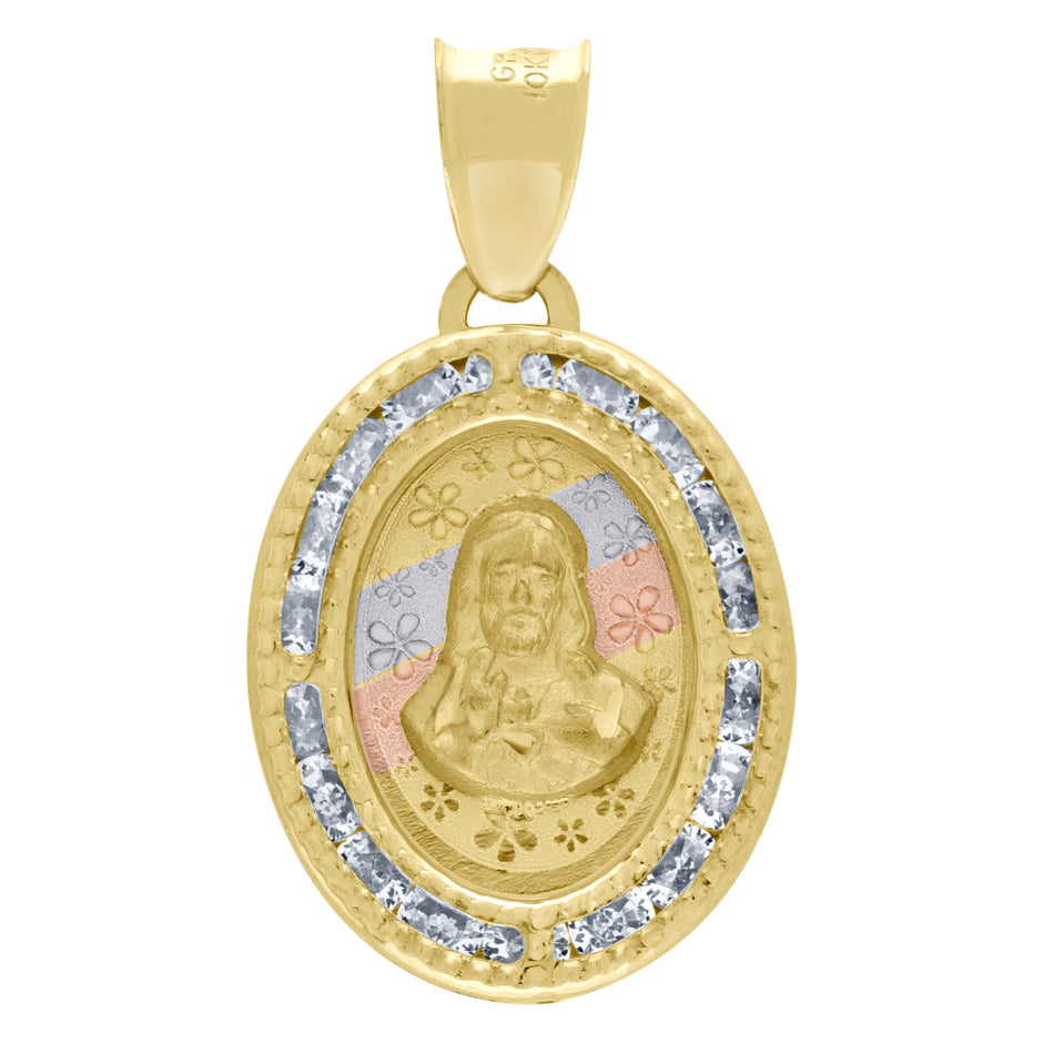 10kt Tri-Color Gold Unisex Cubic Zirconia Cubic-Zirconia Religious Oval Charm Pendant
