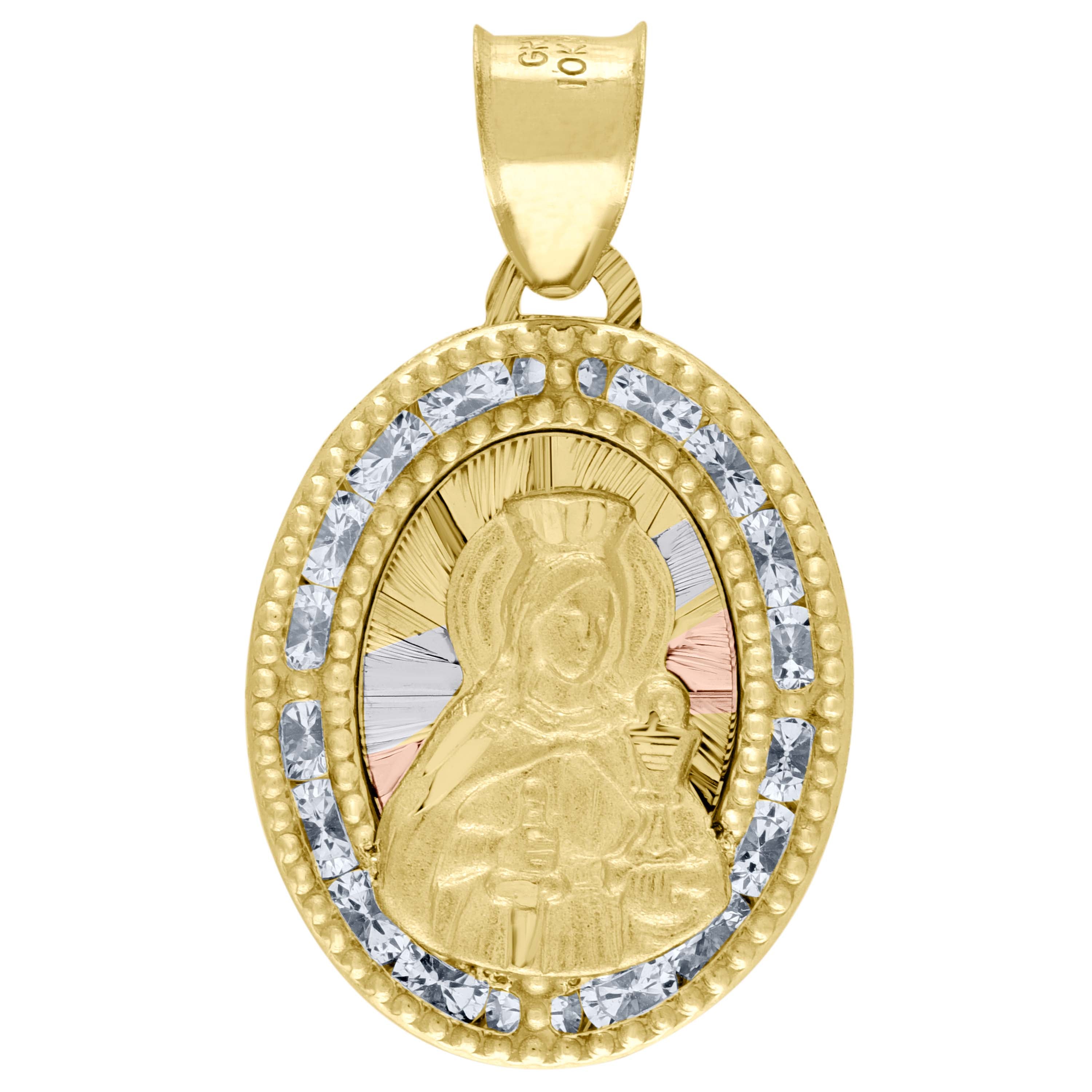 10kt Tri-Color Gold Unisex Cubic Zirconia Cubic-Zirconia Saint Barbara Religious Oval Charm Pendant