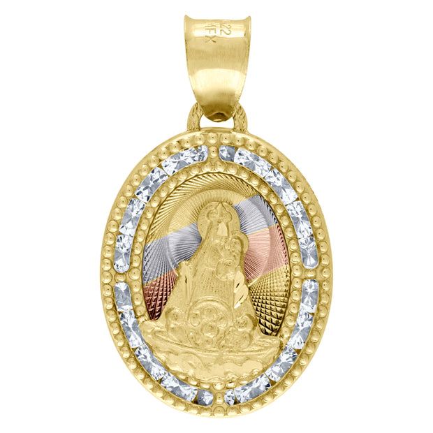 10kt Tri-Color Gold Unisex Cubic Zirconia Cubic-Zirconia Lady Of Loreto Religious Oval Charm Pendant