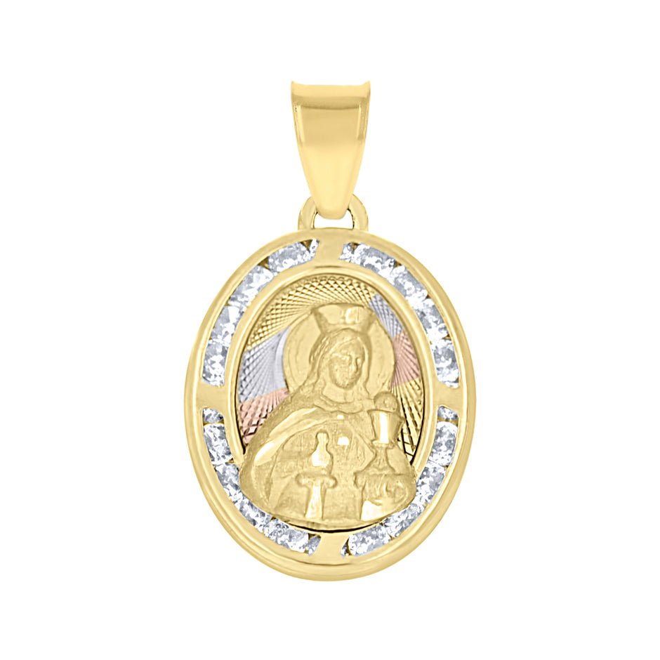 10kt Tri-Color Gold Unisex Cubic Zirconia Cubic-Zirconia Saint Barbara Religious Oval Charm Pendant