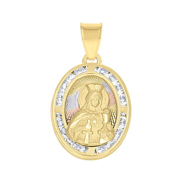 10kt Tri-Color Gold Unisex Cubic Zirconia Cubic-Zirconia Saint Barbara Religious Oval Charm Pendant