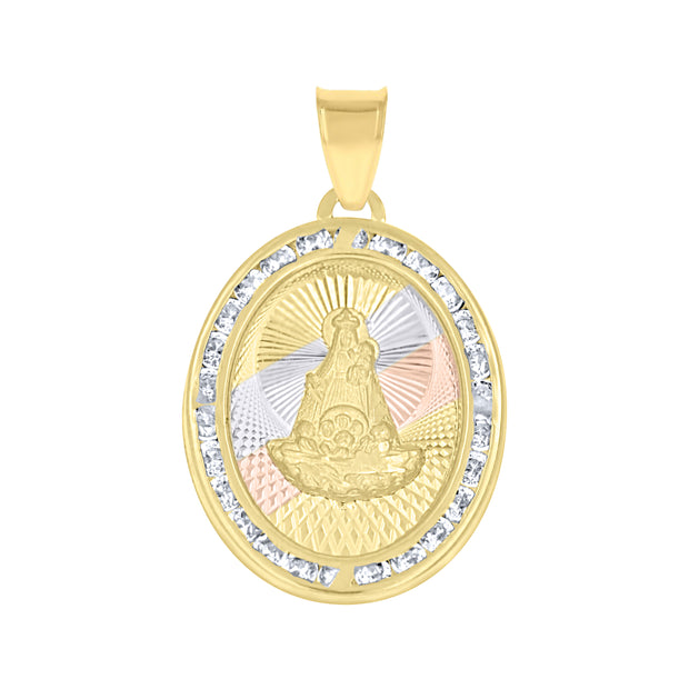10kt Tri-Color Gold Unisex Cubic Zirconia Cubic-Zirconia Lady Of Loreto Religious Oval Charm Pendant