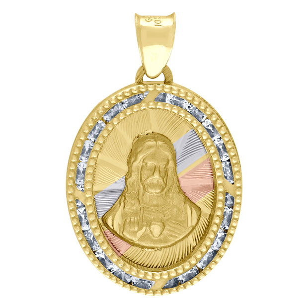 10kt Tri-Color Gold Unisex Cubic Zirconia Cubic-Zirconia Religious Oval Charm Pendant