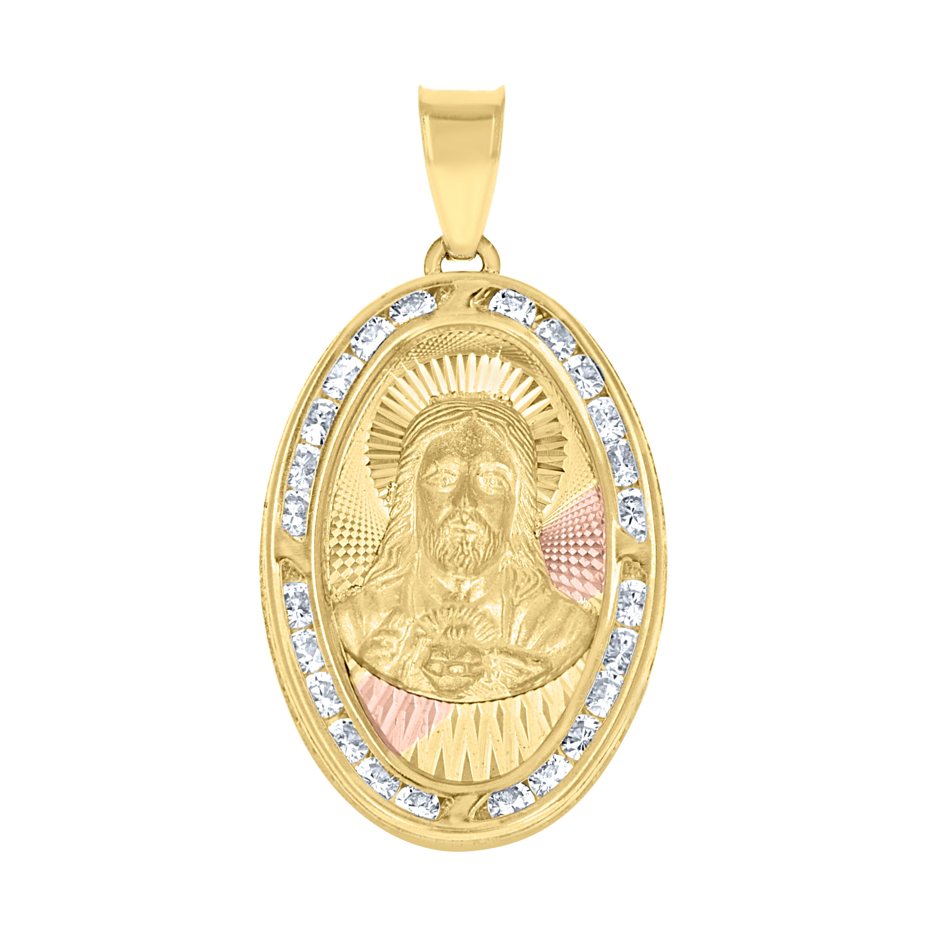 10kt Tri-Color Gold Unisex Cubic Zirconia Cubic-Zirconia Religious Oval Charm Pendant
