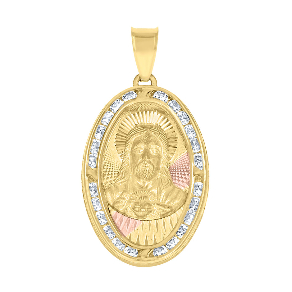 10kt Tri-Color Gold Unisex Cubic Zirconia Cubic-Zirconia Religious Oval Charm Pendant
