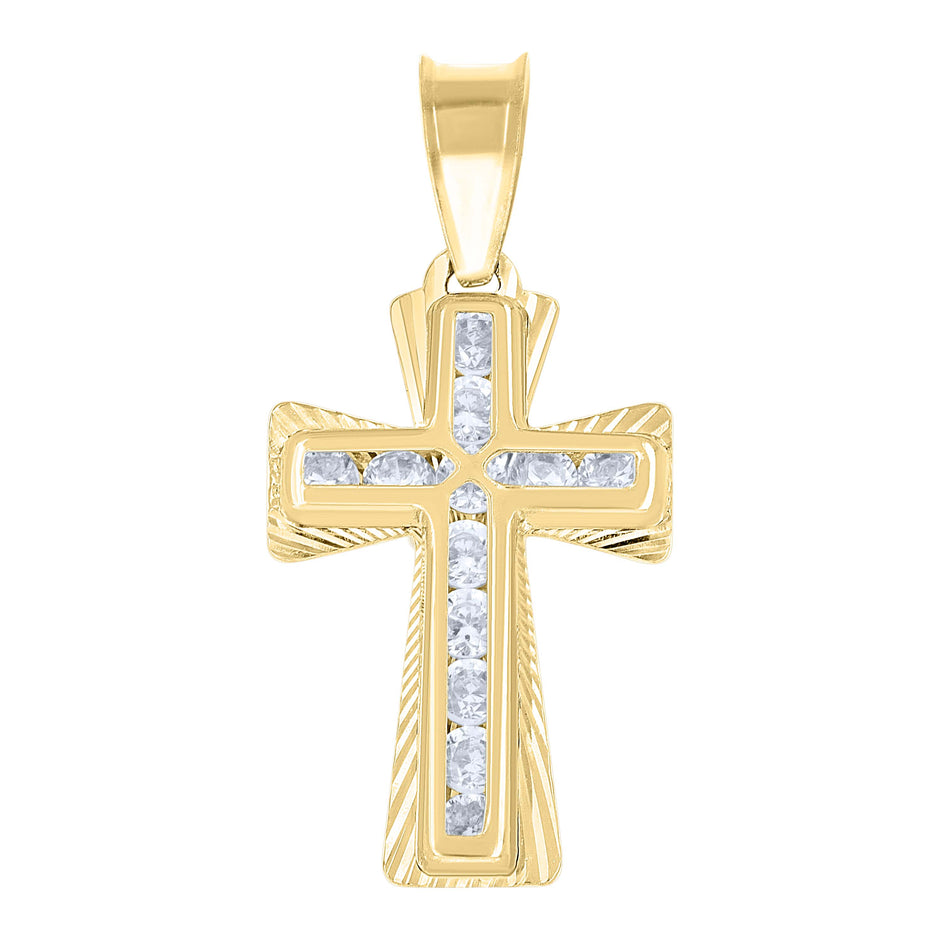14Kt Yellow Gold Unisex Cz Diamond-Cut Cross Religious Charm Pendant