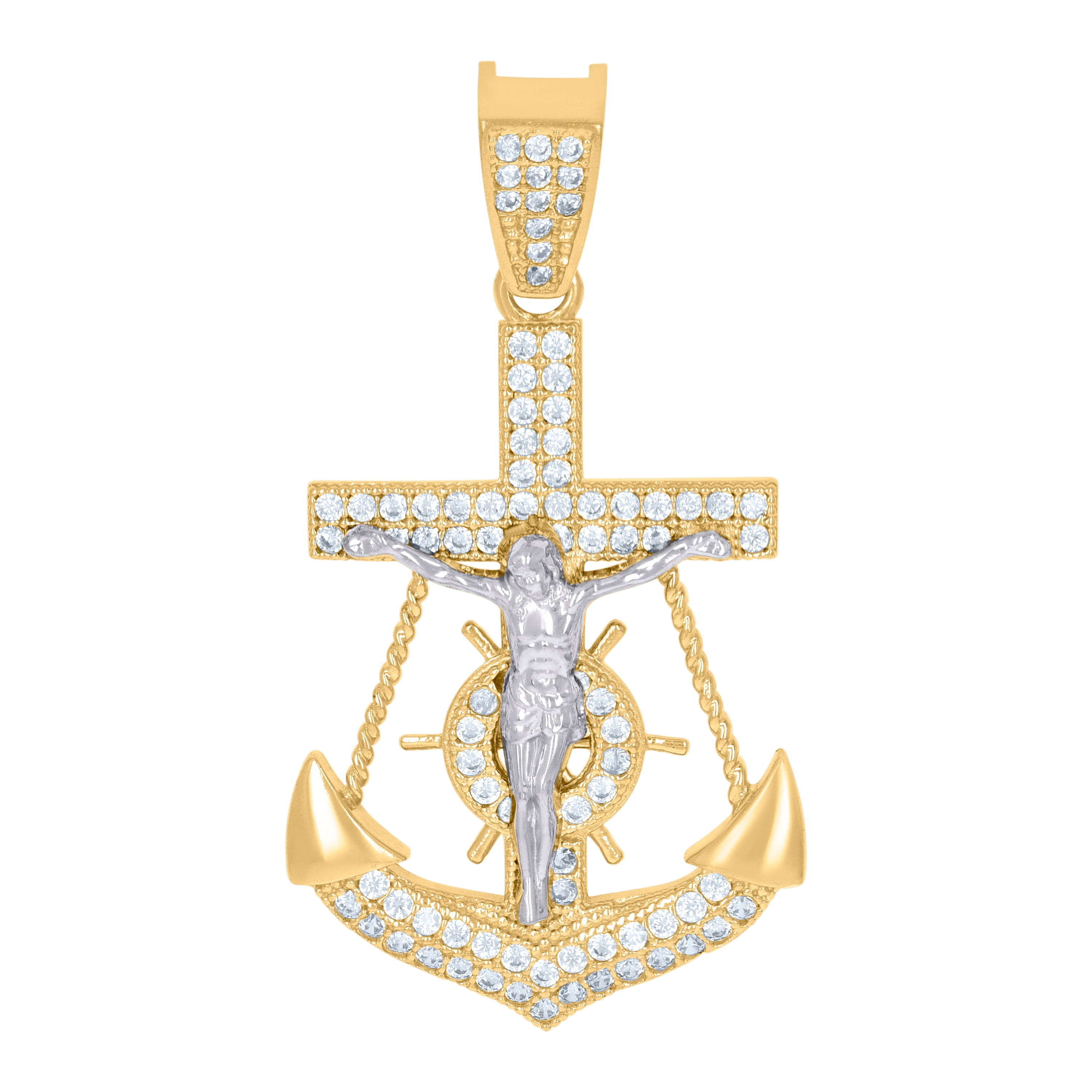 10kt Two-Tone Gold Womens Cubic-Zirconia Religious Anchor Crucifix Charm Pendant