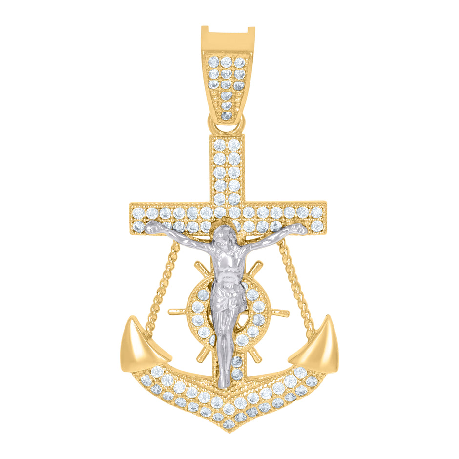 10kt Two-Tone Gold Womens Cubic-Zirconia Religious Anchor Crucifix Charm Pendant
