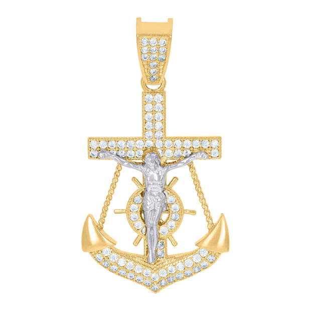 10kt Two-Tone Gold Womens Cubic-Zirconia Religious Anchor Crucifix Charm Pendant