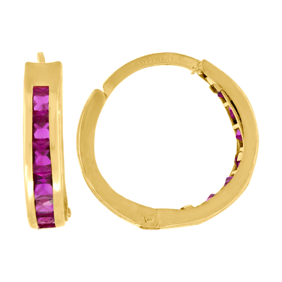 10kt Yellow Gold Womens Pink Princess-Cut Cubic Zirconia Huggie Hoop Earrings