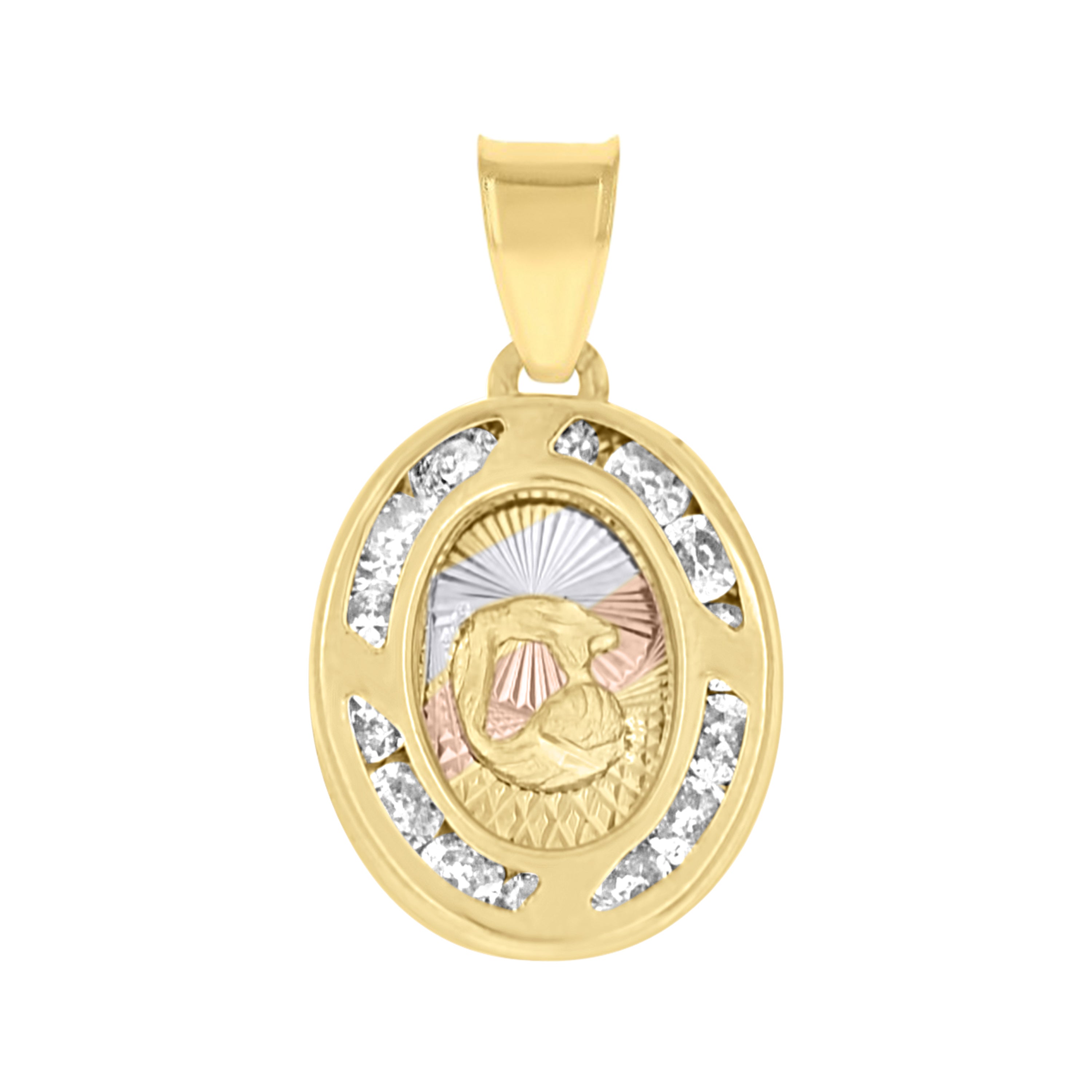 10kt Tri-Color Gold Unisex Cubic-Zirconia Textured Religious Oval Charm Pendant