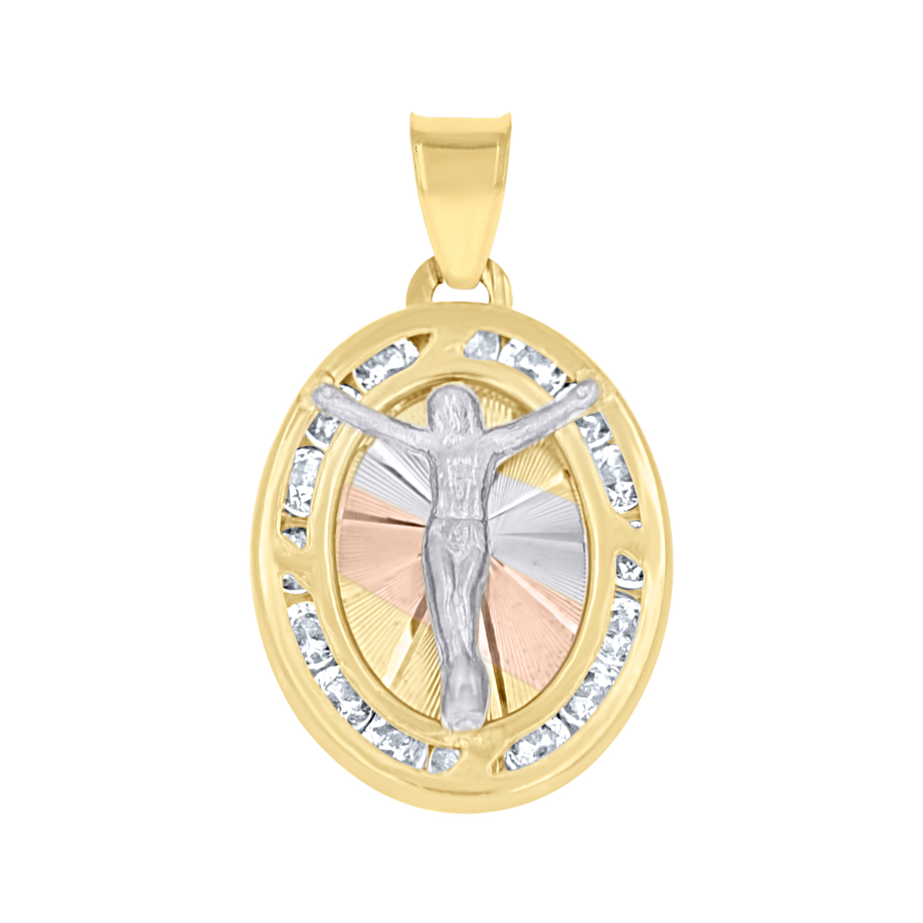 10kt Tri-Color Gold Unisex Cubic-Zirconia Textured Crucifix Religious Oval Charm Pendant