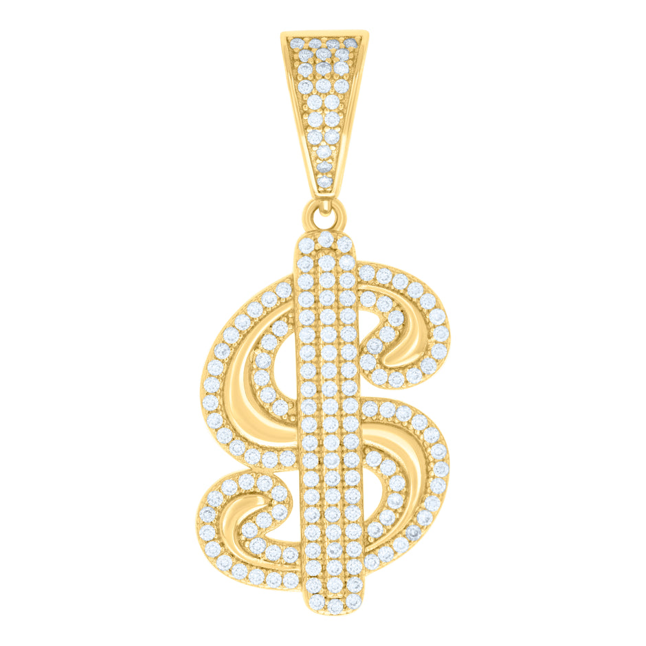925 Sterling Silver Yellow-tone Mens Cubic-Zirconia Dollar Sign Currency Fashion Pendant