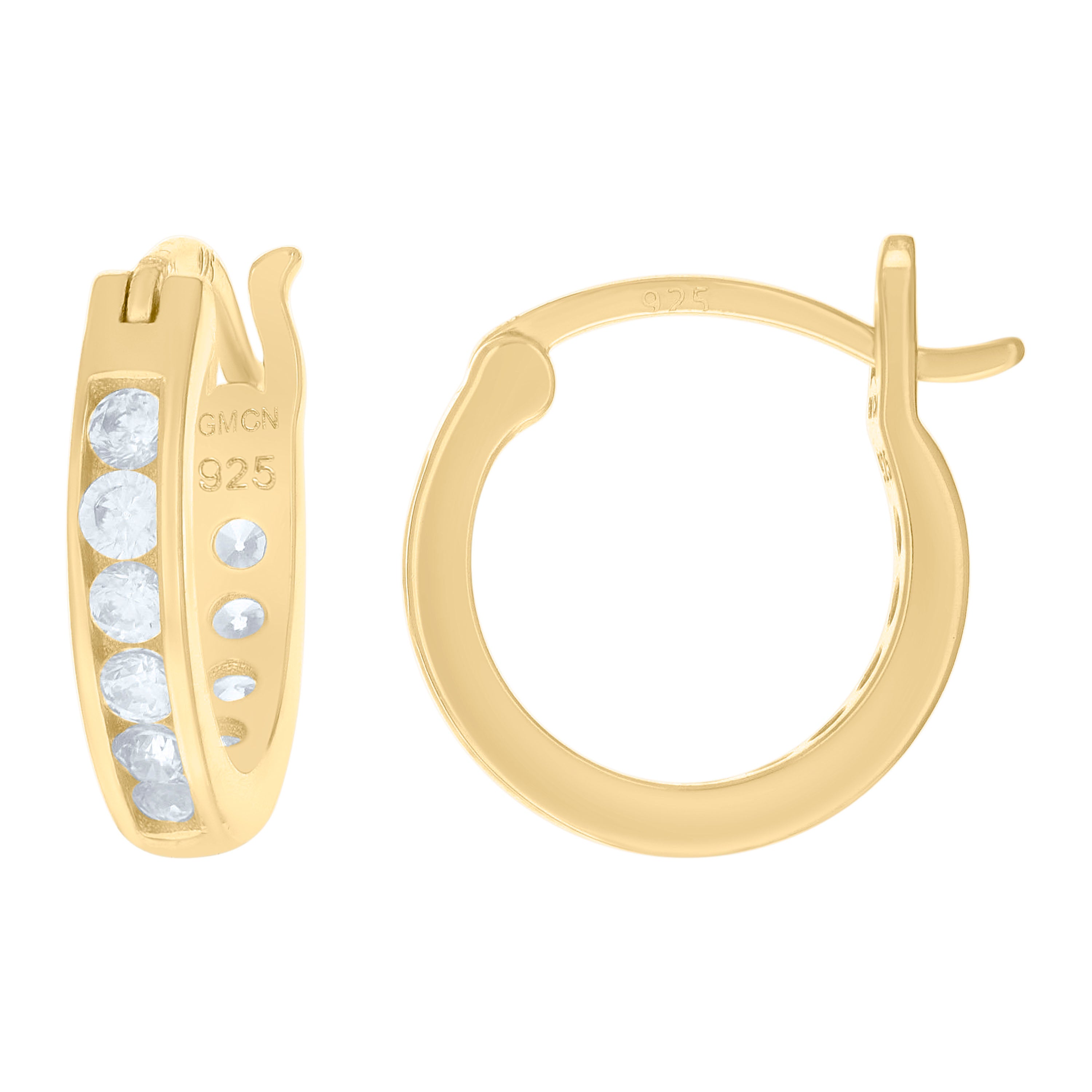 Yellow-Tone 925 Sterling Silver Unisex Round Cubic Zirconia Hoop Fashion Earrings