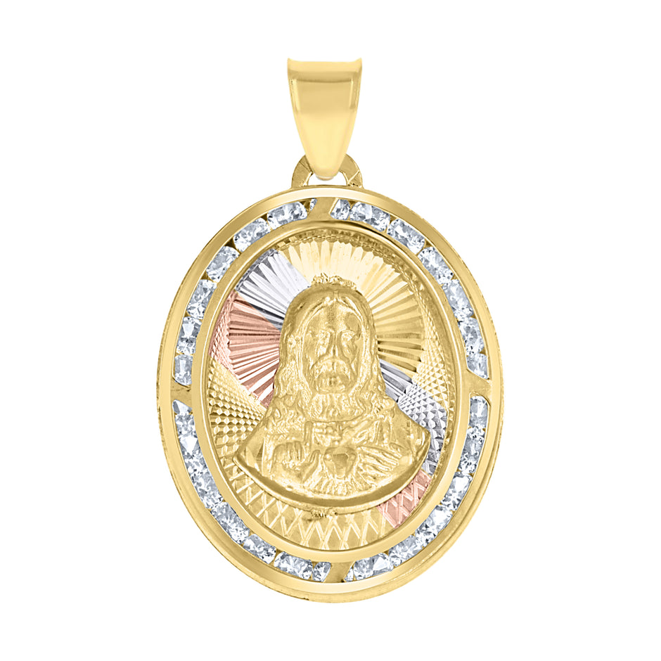 10kt Tri-Color Gold Unisex Cubic-Zirconia Textured Sacred Heart Of Jesus Religious Charm Pendant