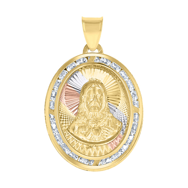 10kt Tri-Color Gold Unisex Cubic-Zirconia Textured Sacred Heart Of Jesus Religious Charm Pendant